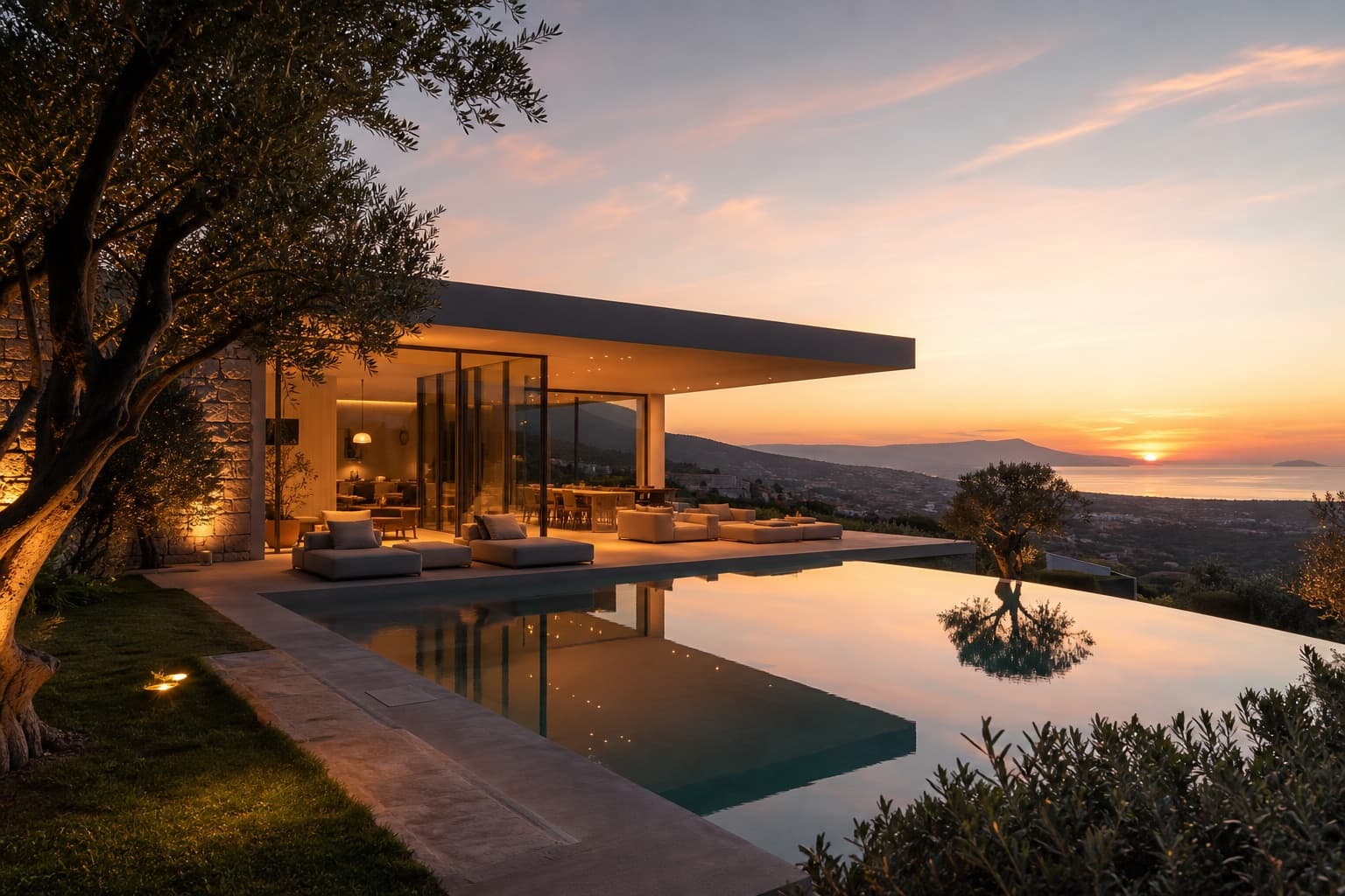 Modern hillside estate with infinity pool at sunset