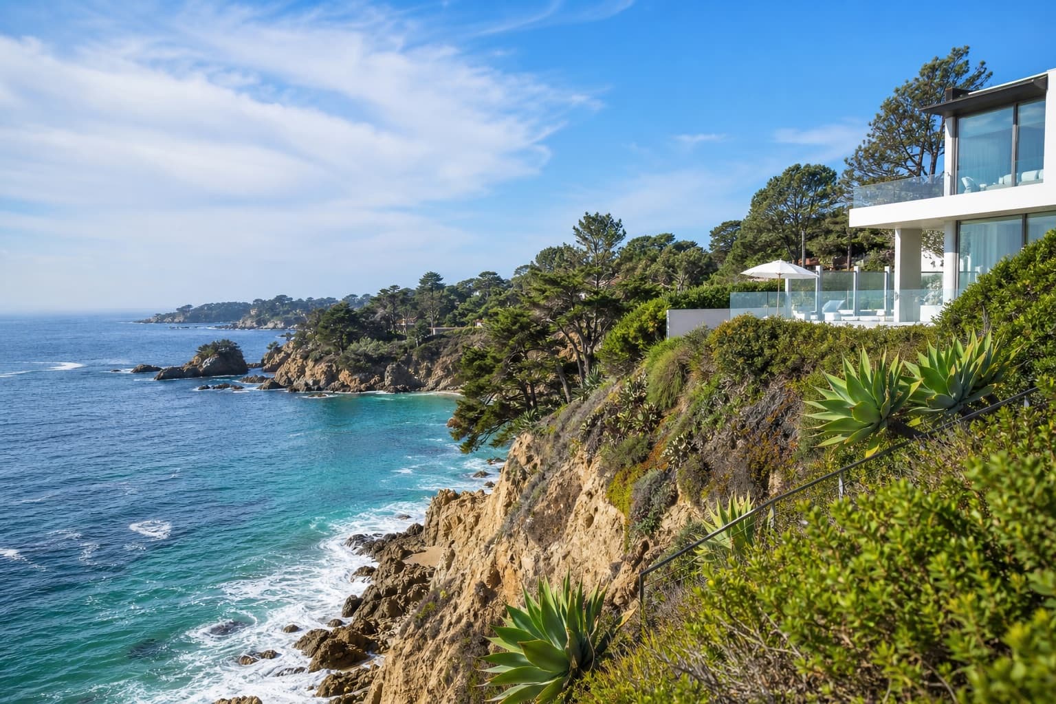 Coastal cliffs with a modern white home overlooking a turquoise cove