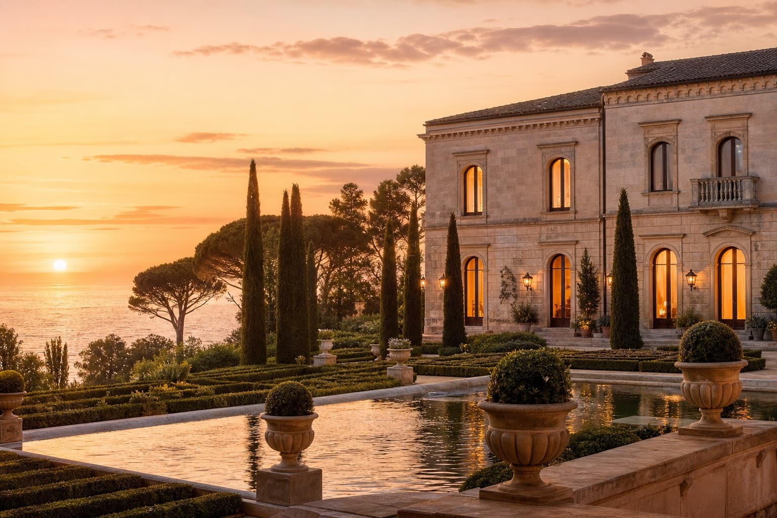 Grand classical estate with formal gardens and a reflecting pool at sunset