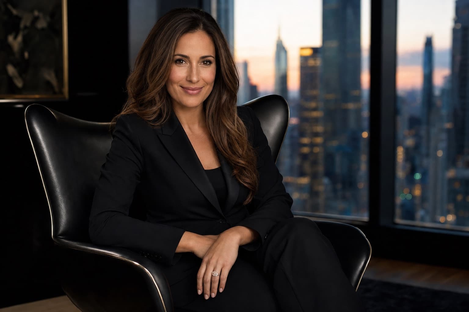 Alexandra Morgan, luxury real estate agent, in a high-rise office at dusk