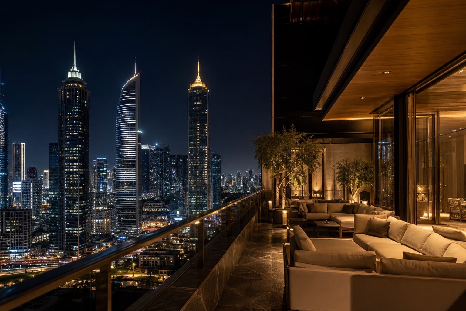 Penthouse terrace overlooking a glittering city skyline at night